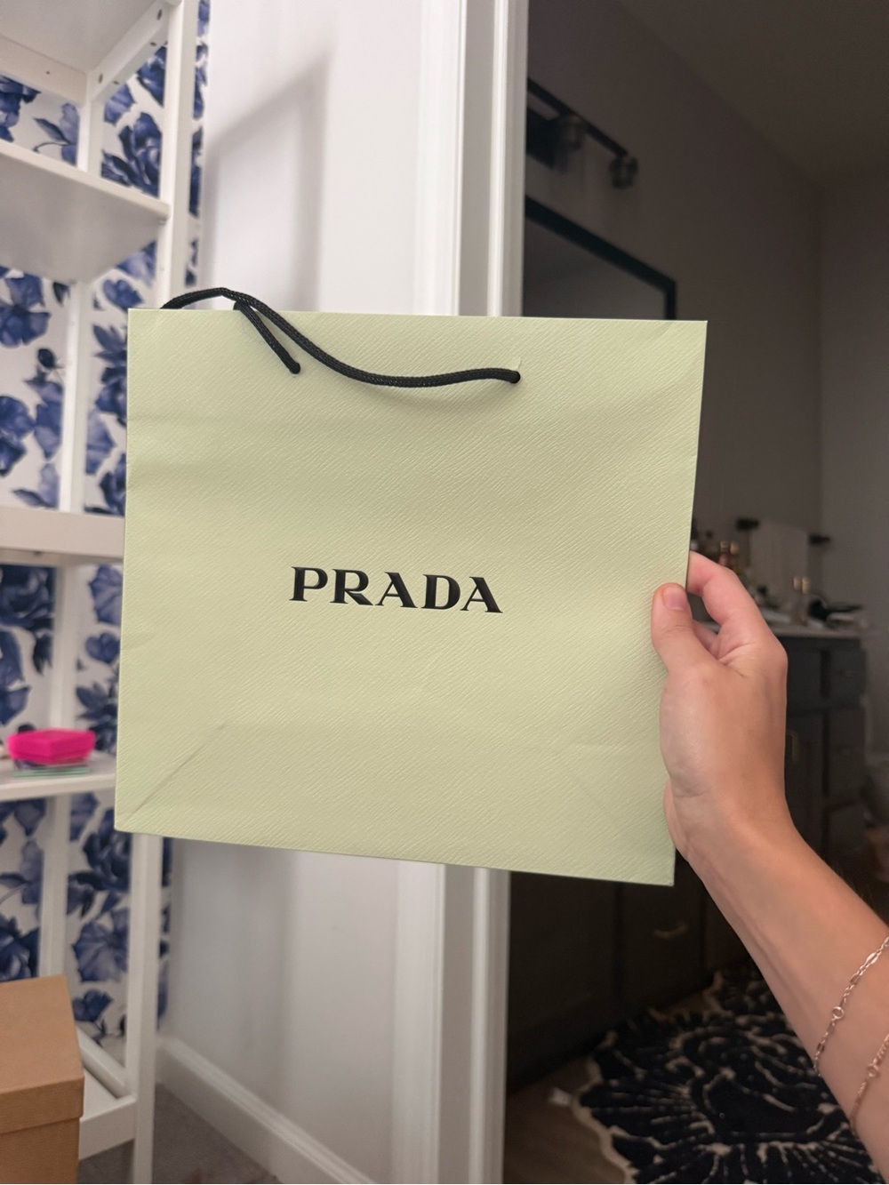 Prada Pale Green Designer Paper Tote with Black Cord Handles